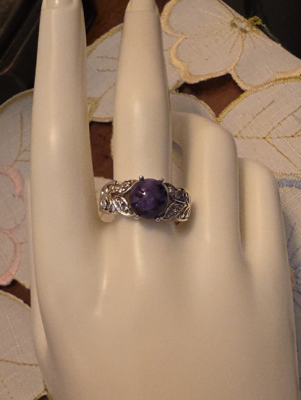 JTV Charoite White Zircon Rhodium Over Silver Ring Size 10 - Picture 7 of 9